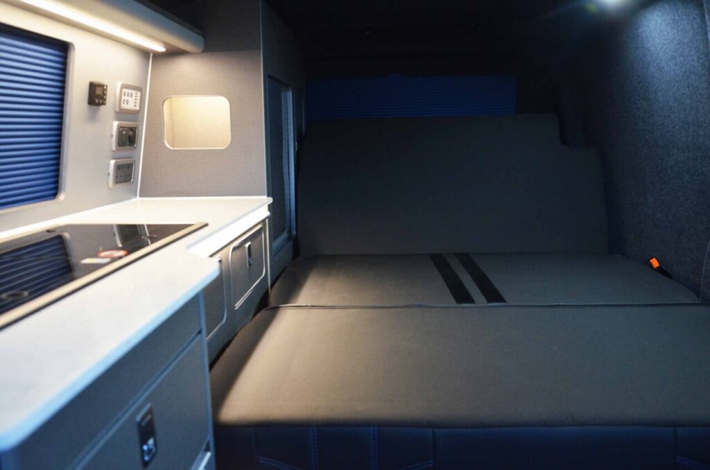 VW T6.1 TRANSPORTER SWB Campervan Conversion | Blue VW Transporter with blue details, ROCK N ROLL CAMPERS, VW T6.1 Campervan Conversion, Campervans UK, SWB, RIB Bed